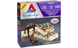 Chocolate chip cheesecake protein snack bar Atkins box